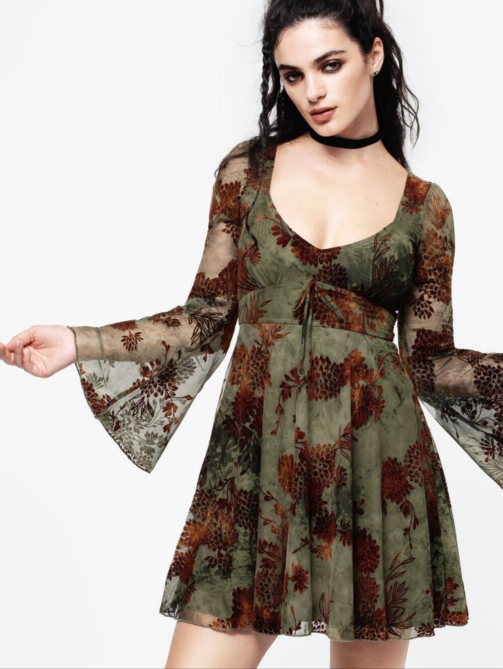 Disturbia Rosaleigh Flock Velour Velvet Burnout Flare Sleeve Mini Dress Size 16